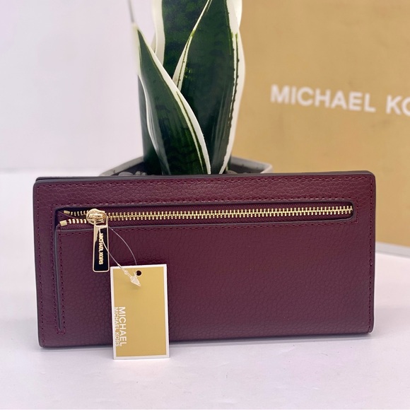 Michael Kors Reed Large Bifold Pebbled Leather Snap Wallet Card Case Oxblood - Picture 2 of 13